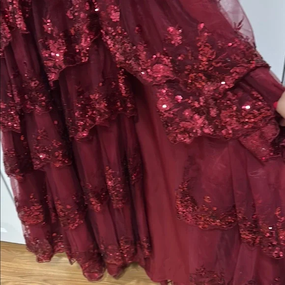 Stacees Red burgundy A-line Corset Tiered Ruffle Slit Prom Dress with Sequins - Picture 8 of 10